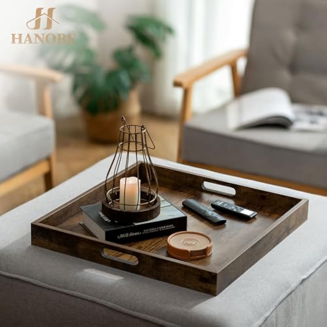Hanobe Large Wooden Ottoman Serving Tray – 20" Square Coffee Table Platter