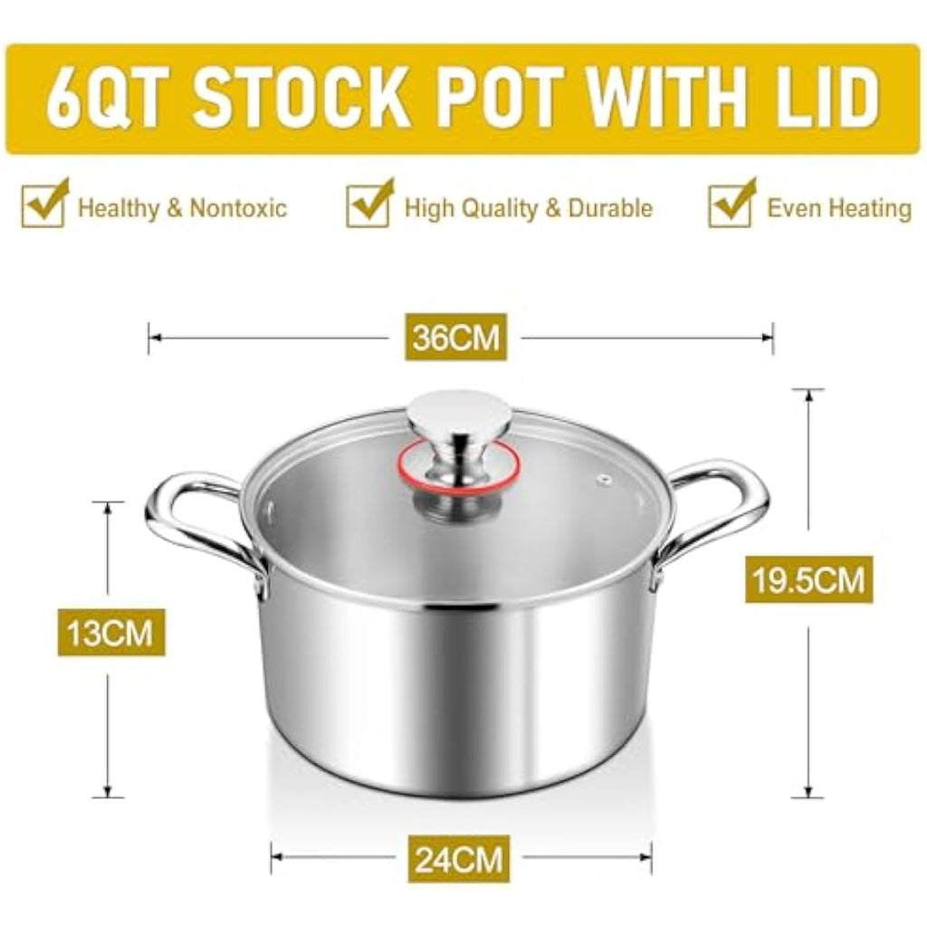 Jolof Store 5.8L Tri-Ply Stainless Steel Stock Pot with Glass Lid