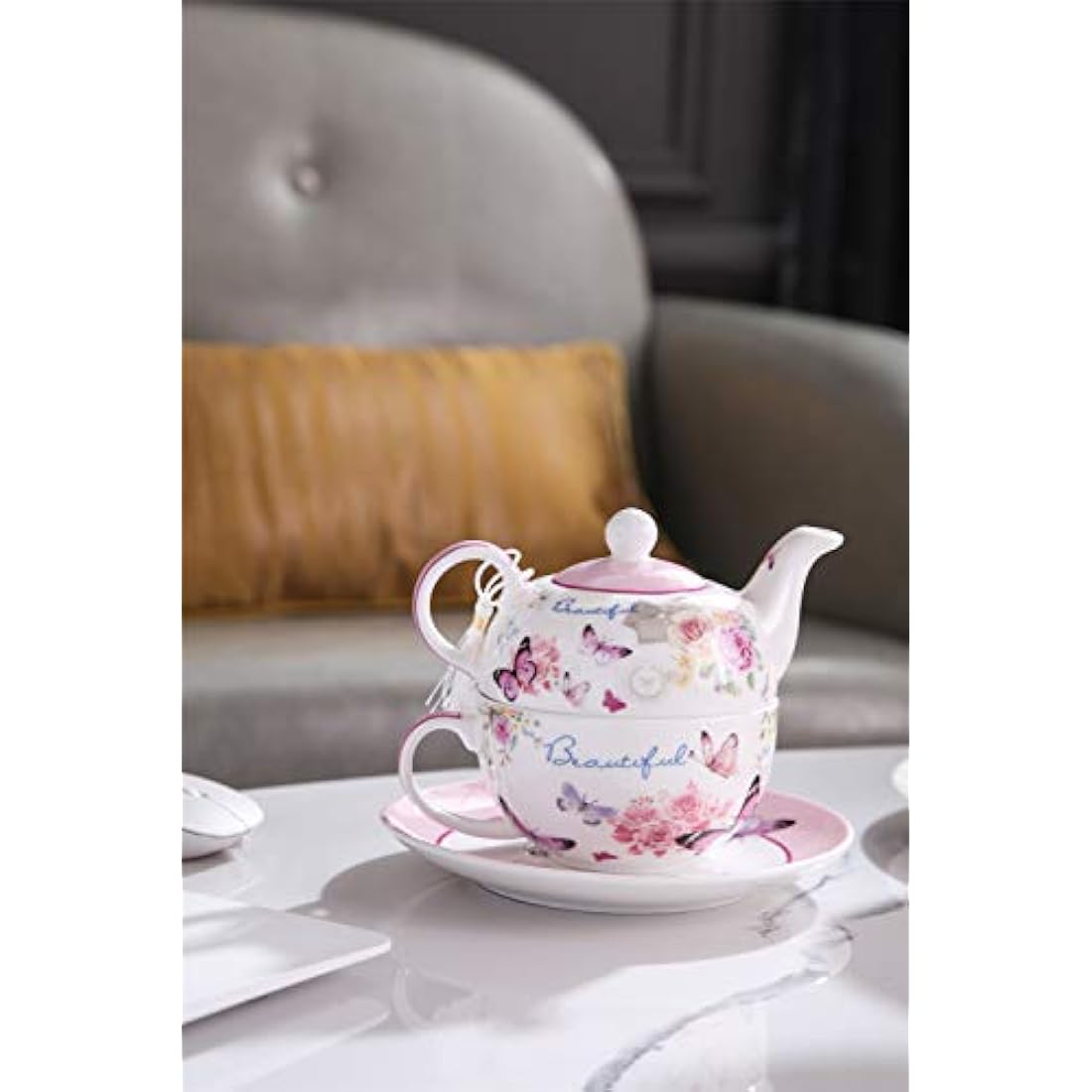 Butterfly Rose Porcelain Tea for One Set with Gift Box