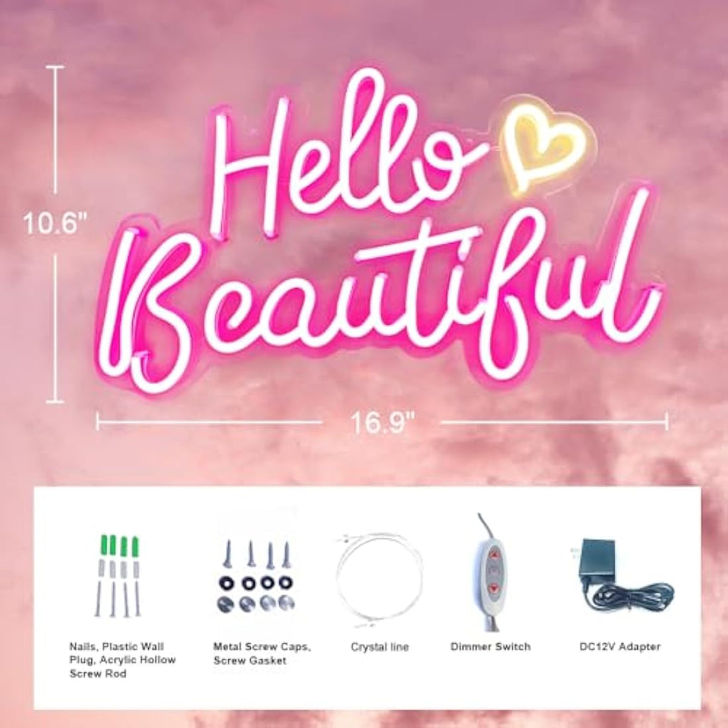 Hello Beautiful Neon Sign – Pink Dimmable LED Bedroom Decor