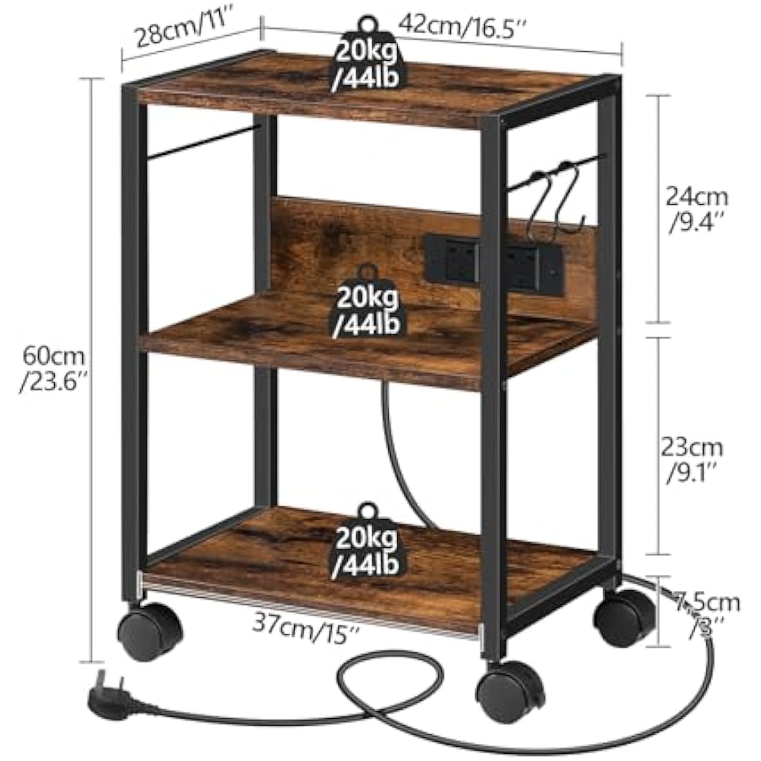 MAHANCRIS 3-Tier Printer Stand with Power Outlets - Rustic Brown