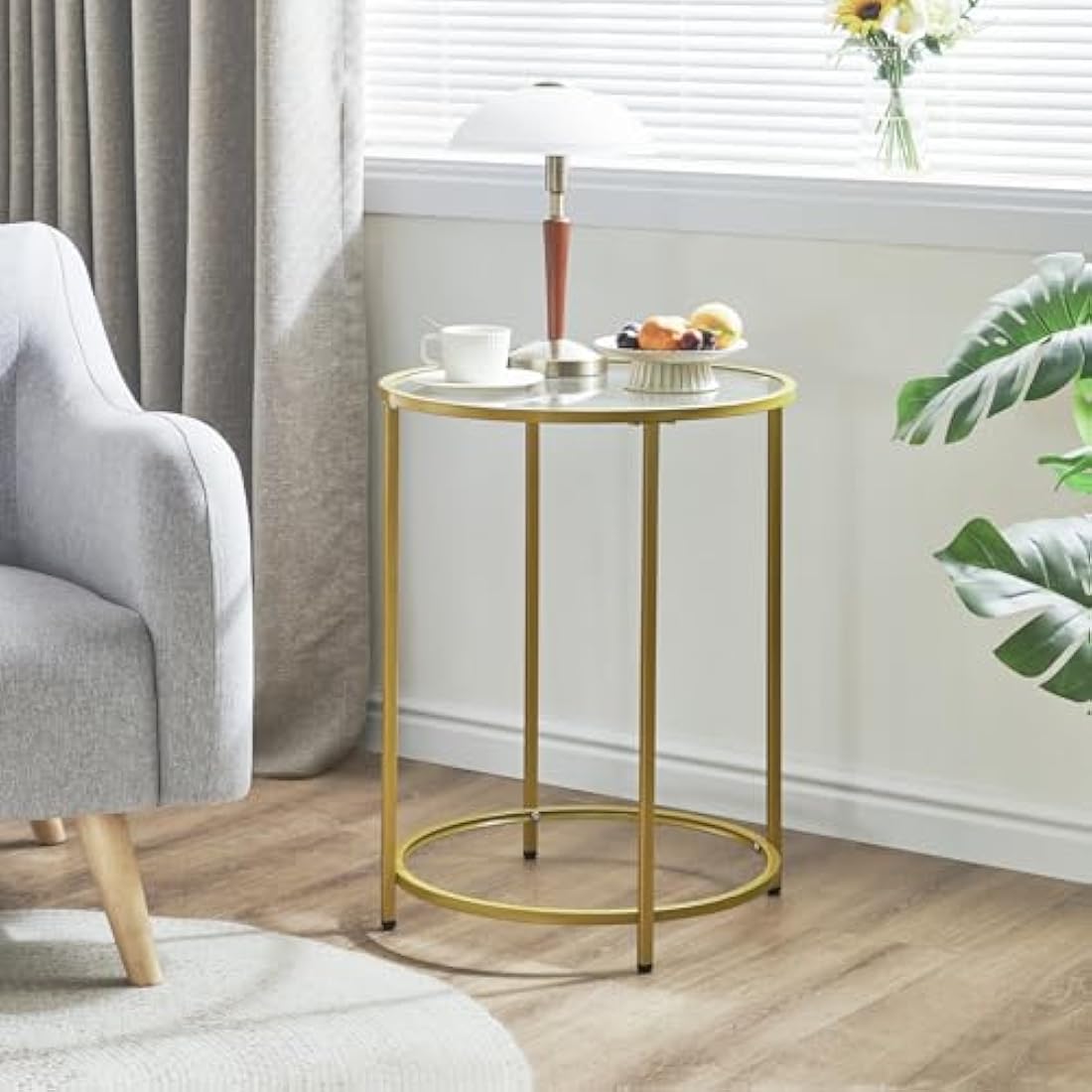 YMYNY Round Side Table | 2-Tier Gold Metal & Tempered Glass End Table
