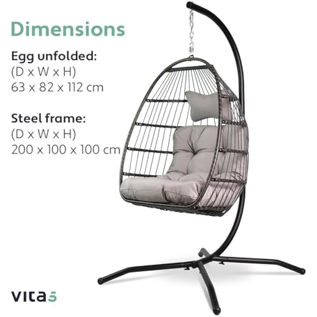 Vita5 Foldable Hanging Egg Chair with Stand | Polyrattan Swing - Light Grey