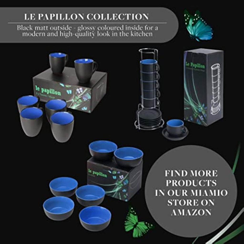 MIAMIO Stoneware Coffee Mug Set - 6 Piece 350ml Matte Black & Blue