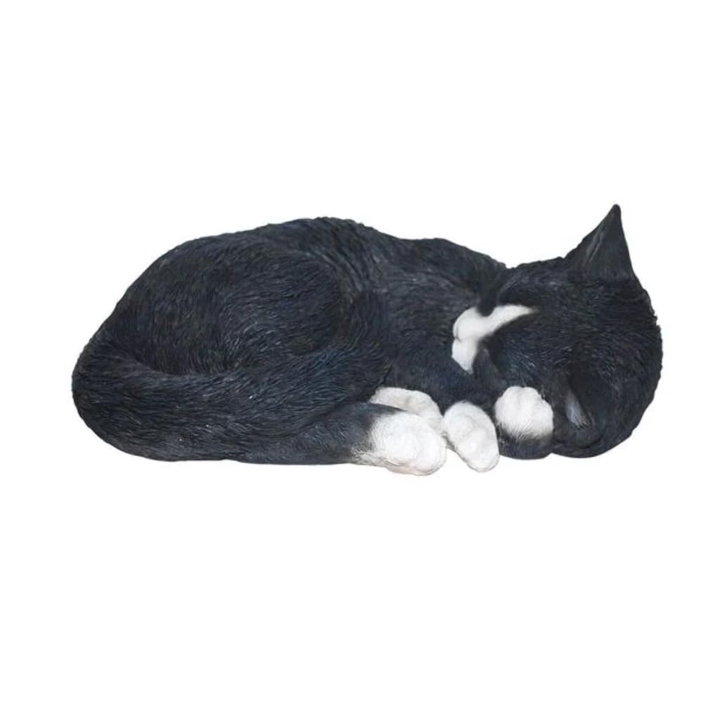 Vivid Arts Real Life Sleeping Cat Resin Garden Ornament - Black & White