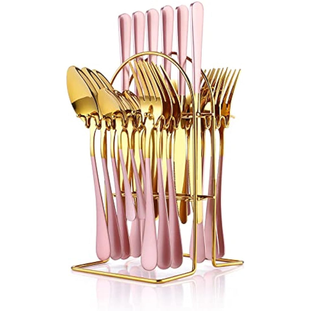Jolof Store 24-Piece Stainless Steel Flatware Set for 6 – Pink & Gold