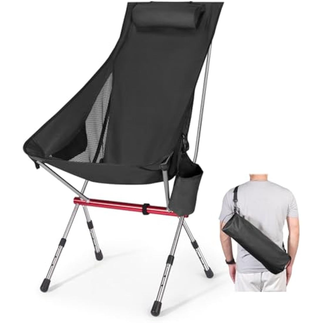 High Back Camping Chair – Adjustable Lightweight Foldable Black