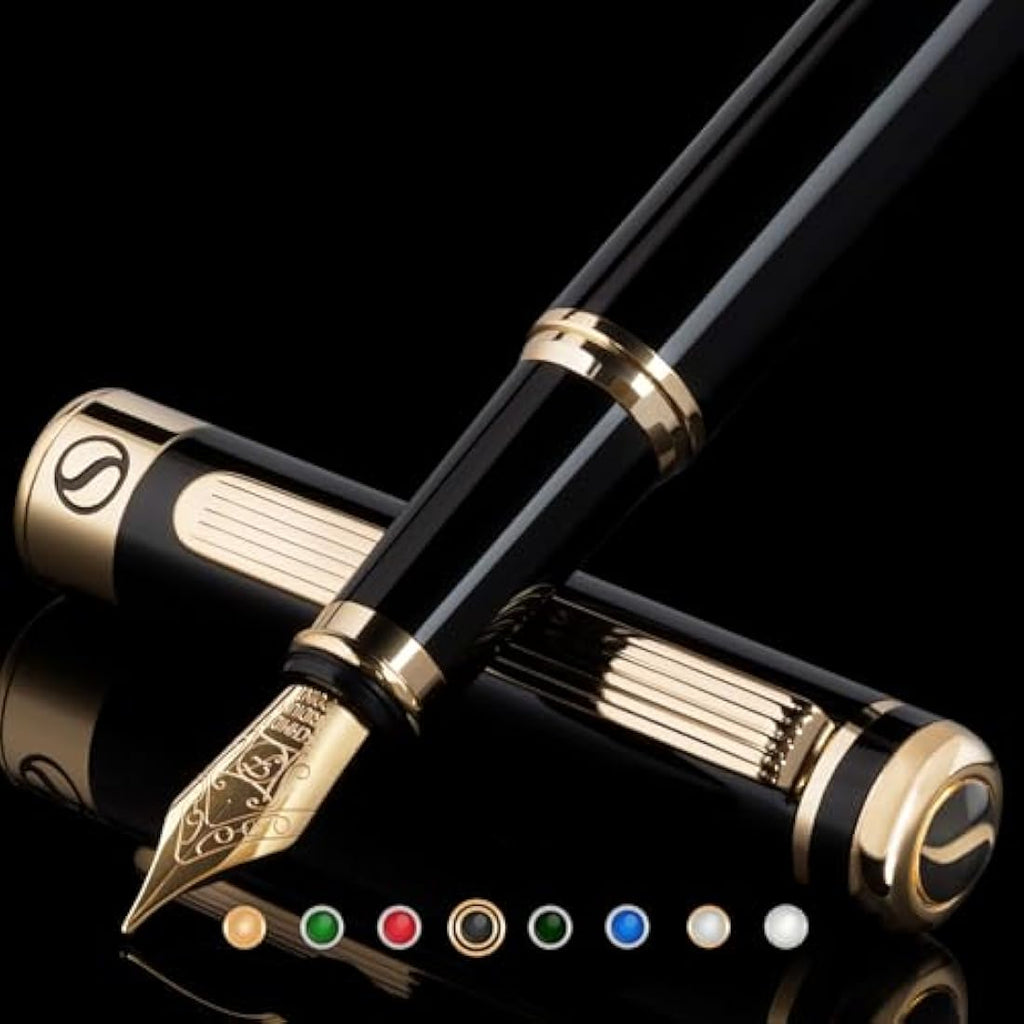 Scriveiner Black Lacquer Fountain Pen | 24K Gold Plating, Fine Nib