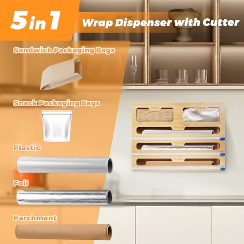 Jolof Store 5-in-1 Bamboo Foil Dispenser with Cutter | Kitchen Organizer