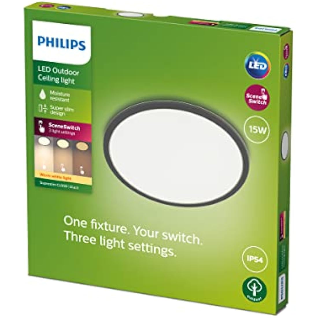 Philips LED Superslim Outdoor Ceiling Light | 15W IP54 Warm White