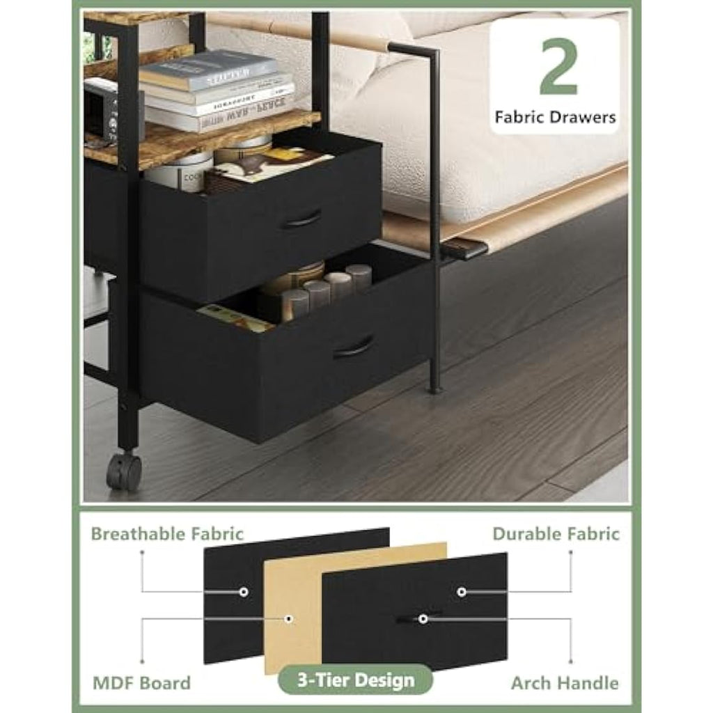 Lutown Bedside Table with Charging Station and 2 Drawers – Rustic Brown