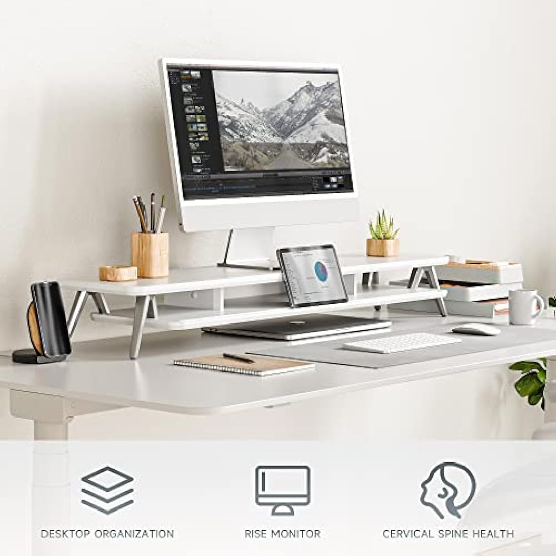Fenge Dual Monitor Stand Riser – 108cm Large Desk Organizer (White)