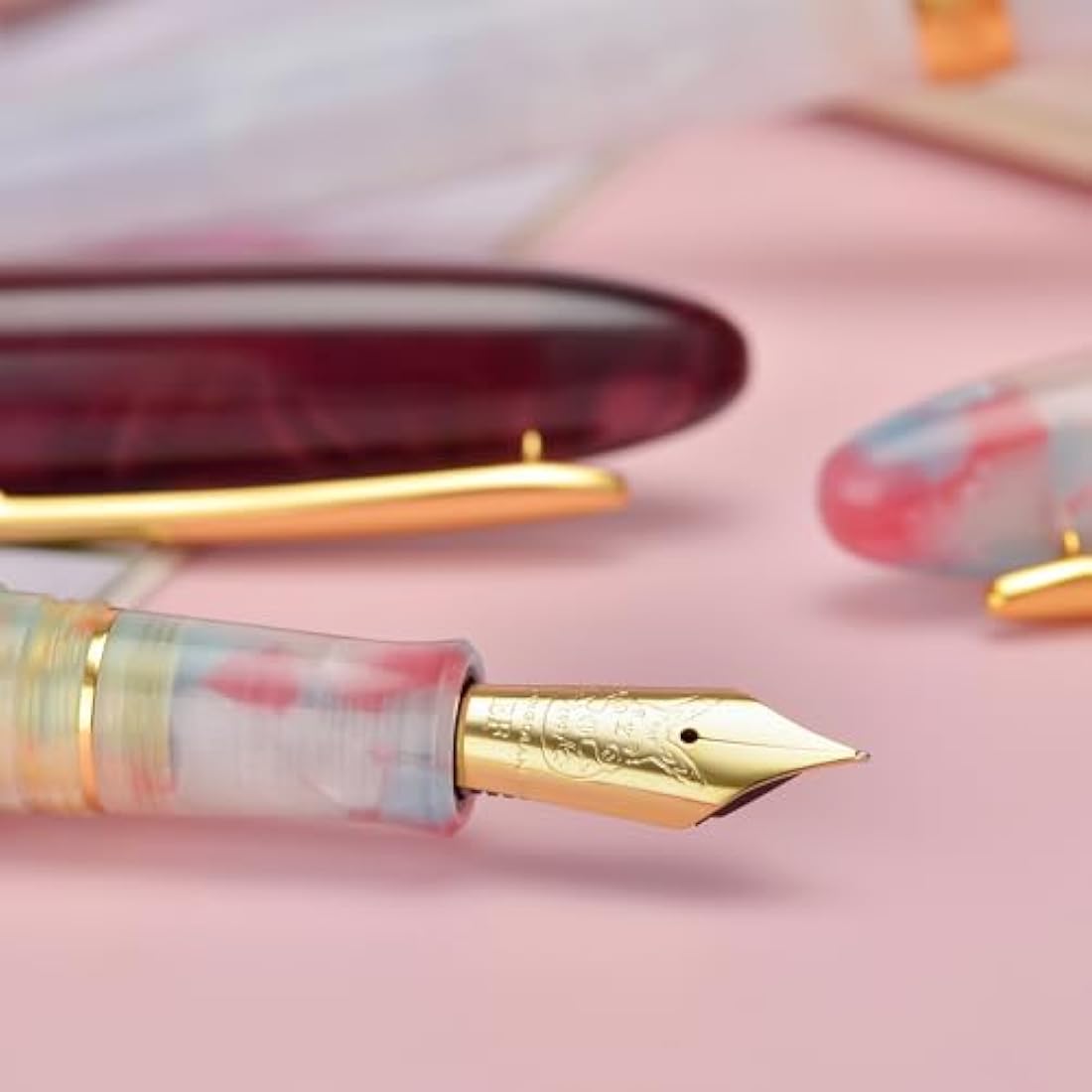 Hong Dian N9 Fountain Pen | Wine Red Acrylic with Long Leaf Medium Nib