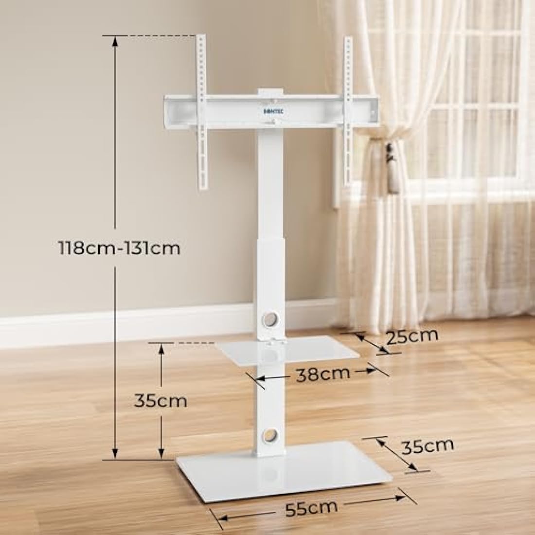 BONTEC Universal Floor TV Stand | 30-70 inch Height Adjustable – White