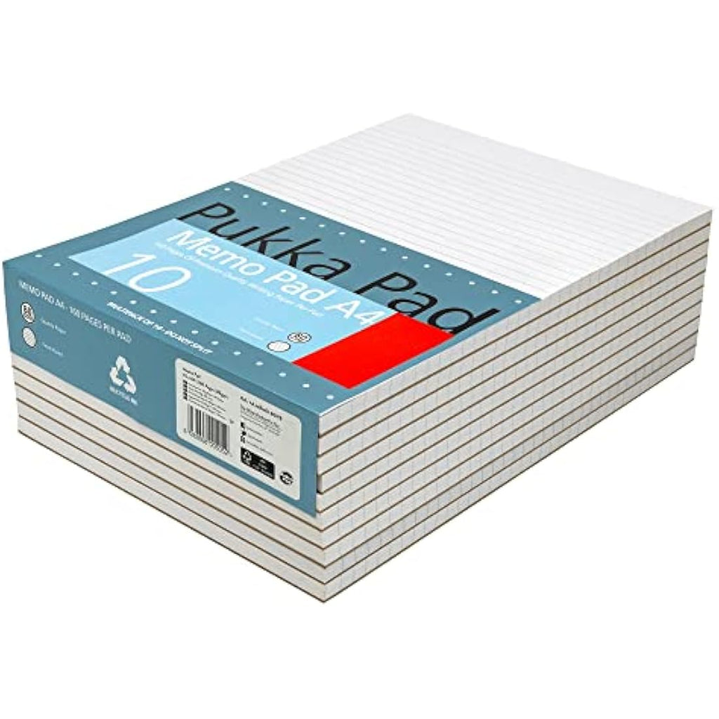 Pukka Pad A4 Ruled Memo Pad – 10 Pack, 160 Pages, Glue Top-Bound