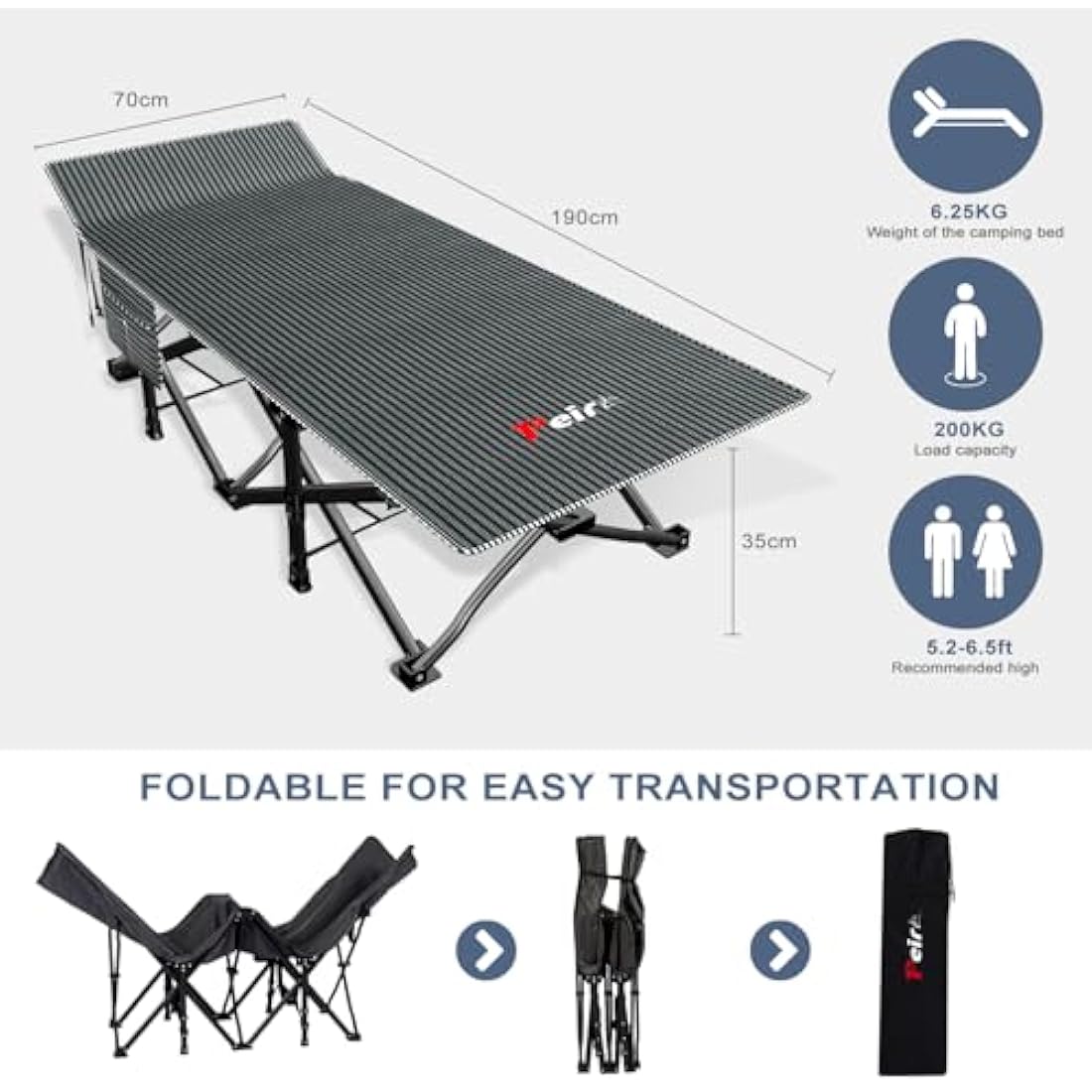 Peirhw Folding Camping Bed with Mattress | Heavy-Duty 200kg Guest Cot