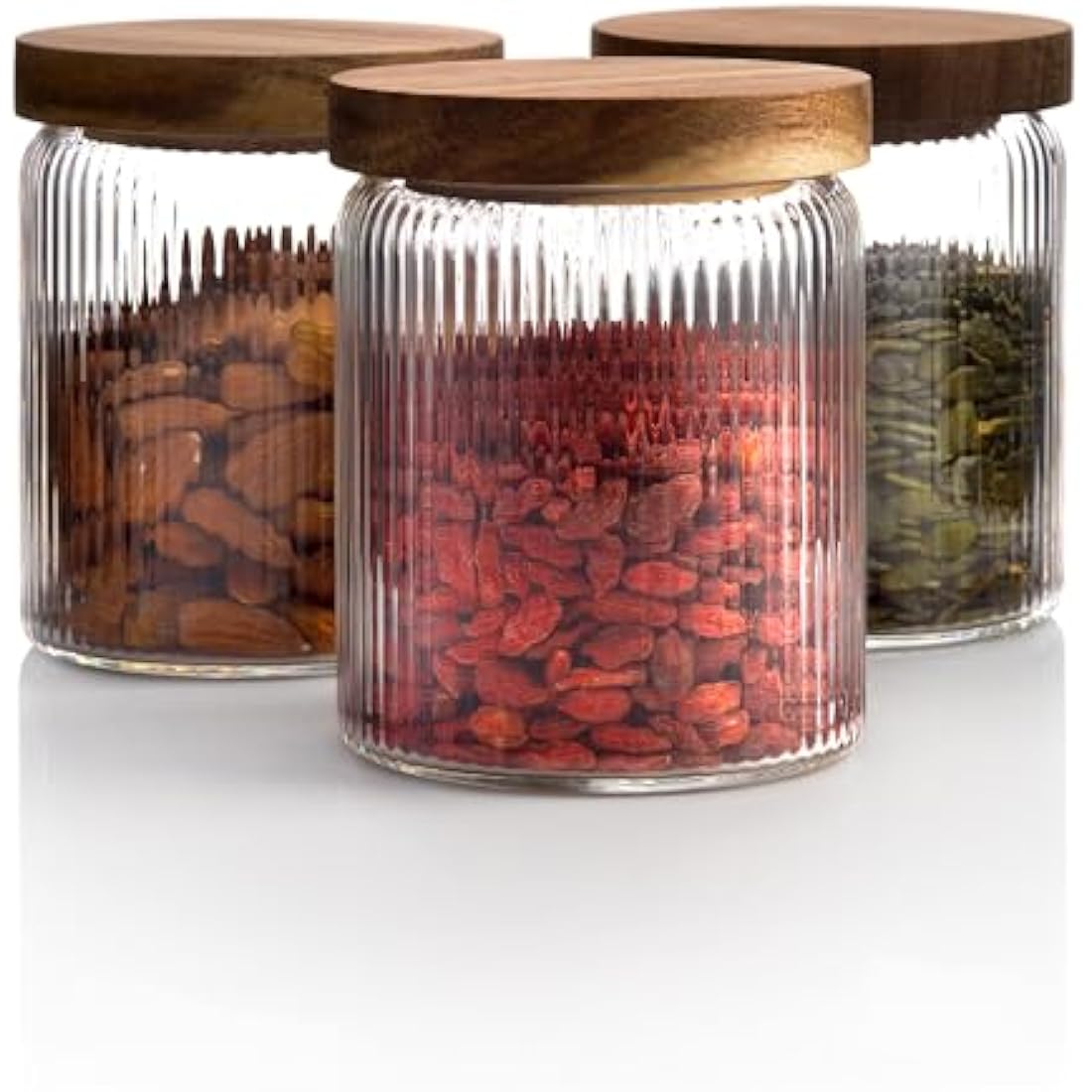 Mason & Fable Ribbed Glass Jars with Acacia Wood Lids - 500ml Set of 3