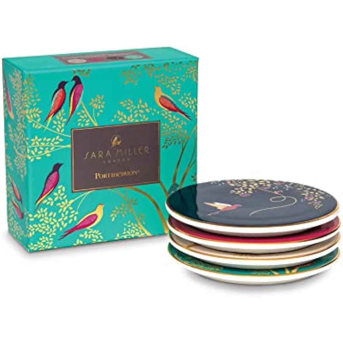 Sara Miller London Ceramic Coasters – Fine China with Gold Detail, 4 Pack