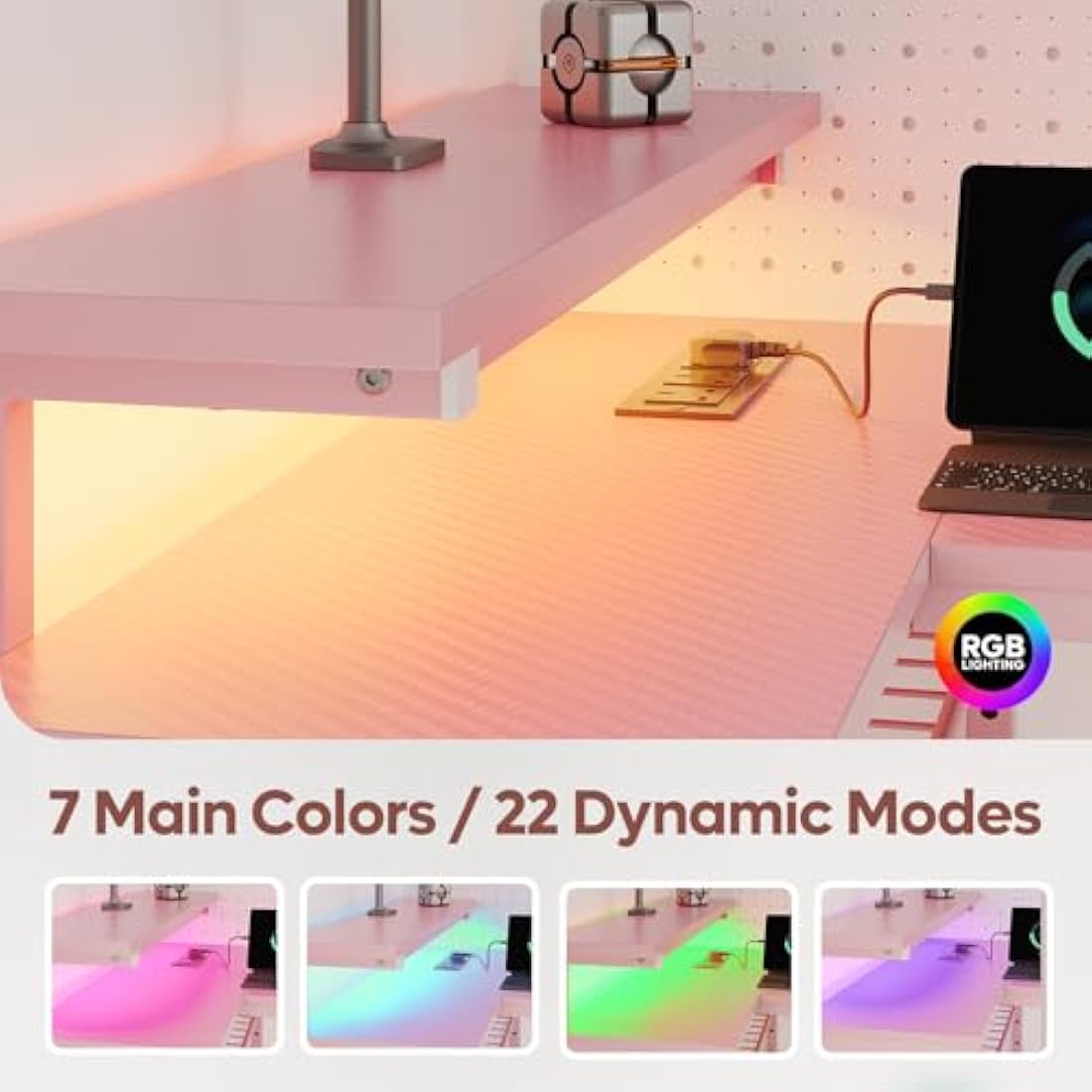 Bestier Pink L-Shaped Gaming Desk with LED Lights and Power Outlets