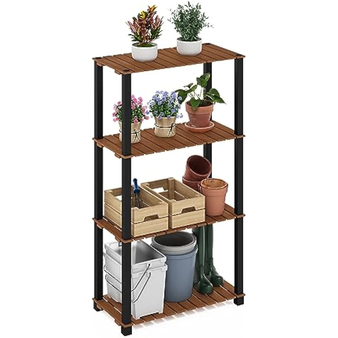 Furinno Pangkor 4-Tier Wood Plant Stand – Indoor Outdoor Display Shelf
