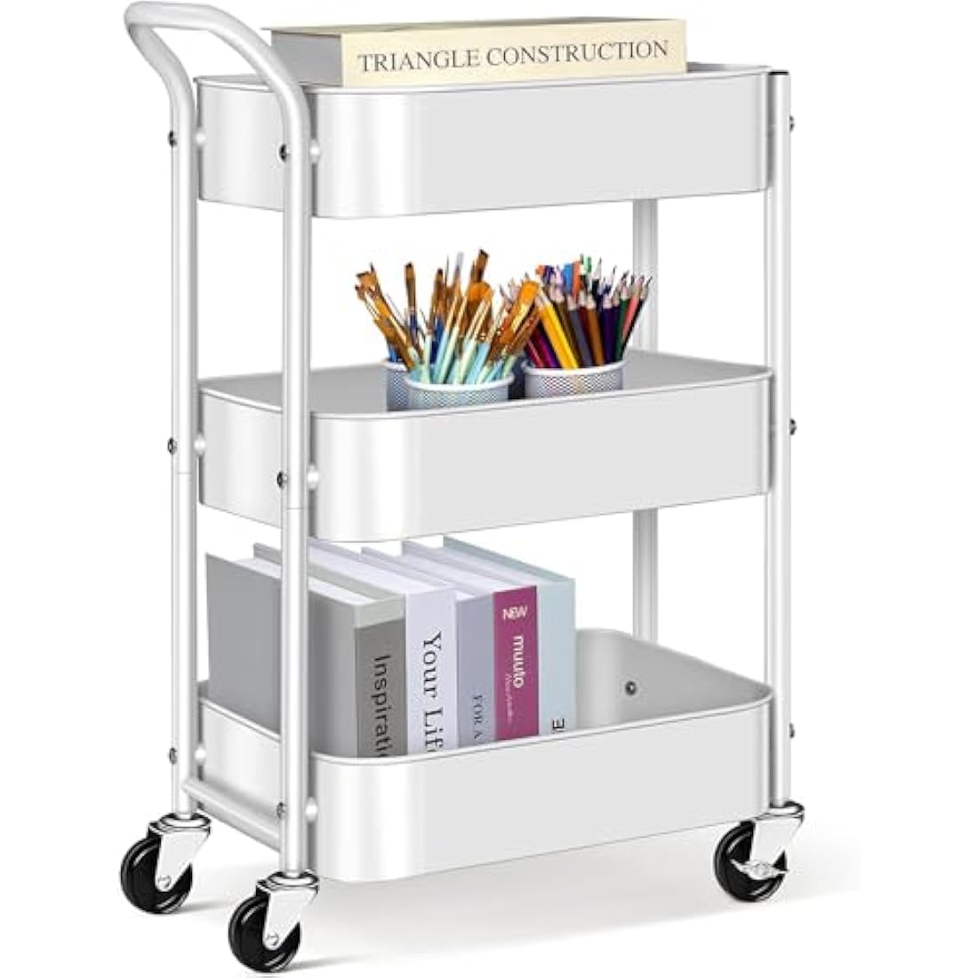 MISSLO 3-Tier Metal Utility Rolling Cart – Under Desk Storage Trolley, White