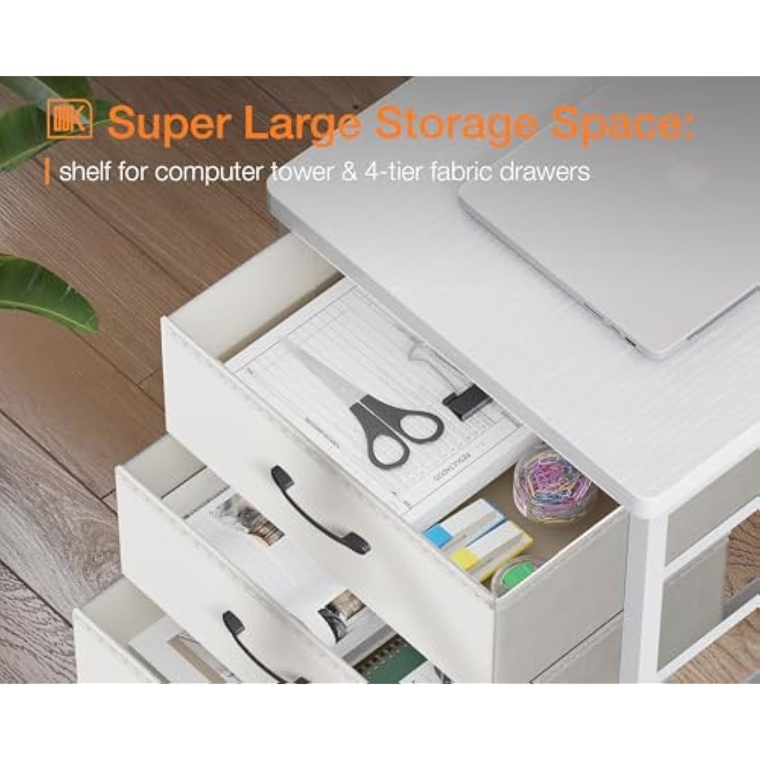 ODK L-Shaped Corner Desk with Drawers, Power Outlets & Monitor Stand - White