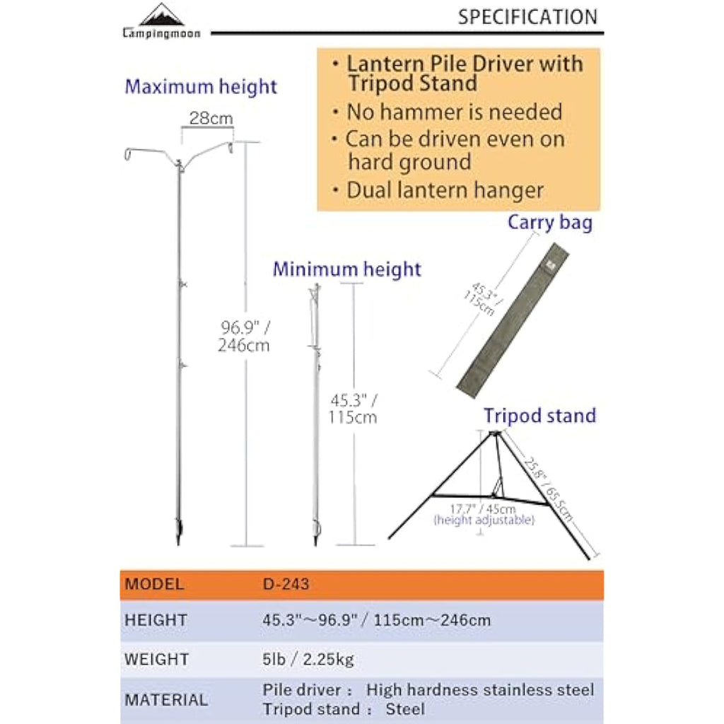 CAMPINGMOON Heavy Duty Stainless Steel Lantern Stand with Tripod & Bag