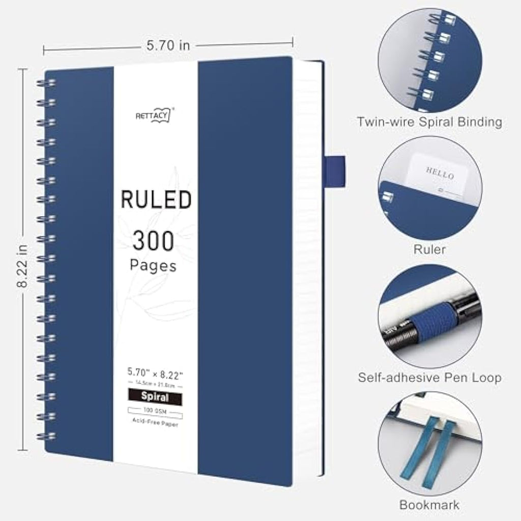 RETTACY A5 Spiral Notebook | 300 Pages College Ruled 100gsm - Navy Blue