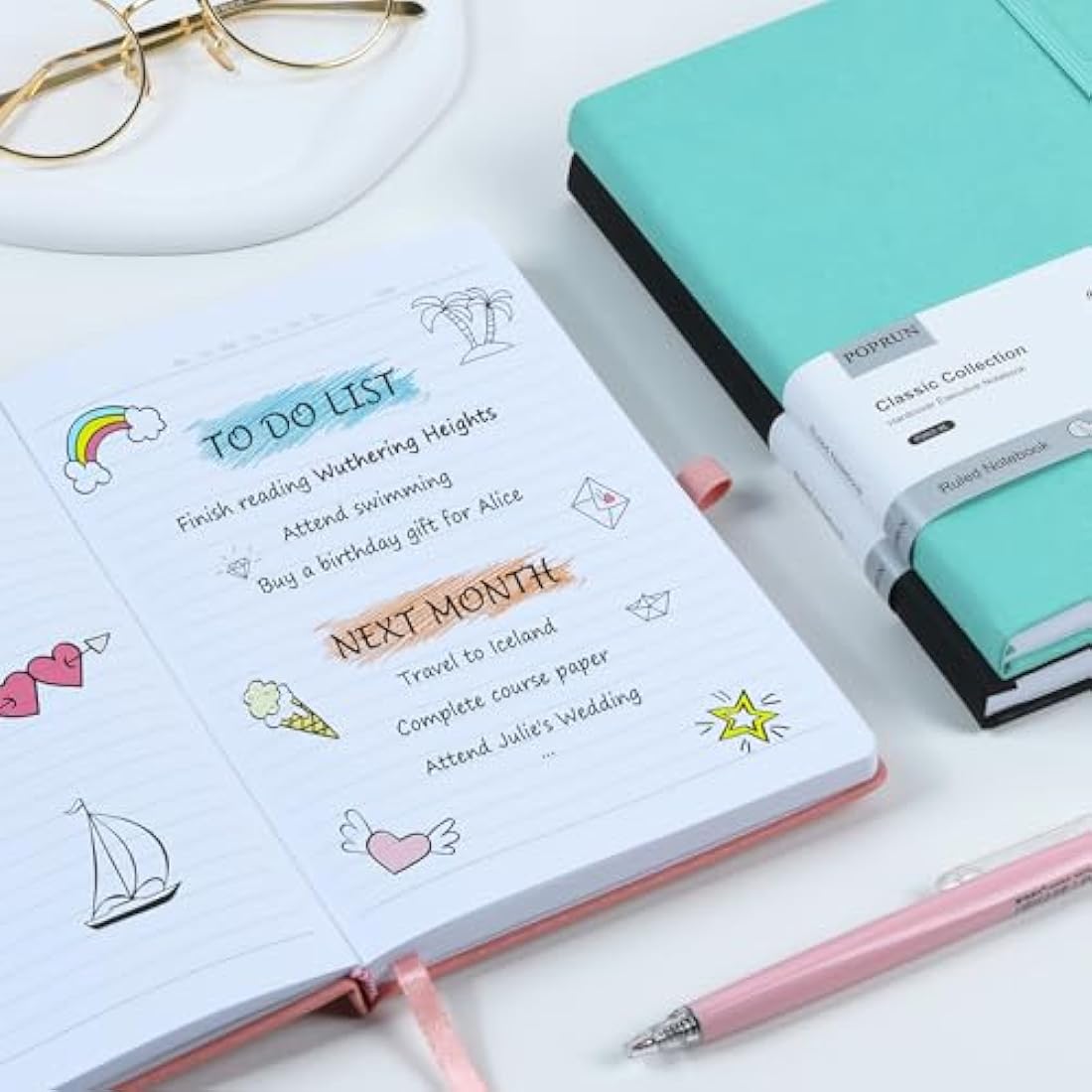 POPRUN A5 Lined Journal Notebook – 8 Pack Vegan Leather Hardcover