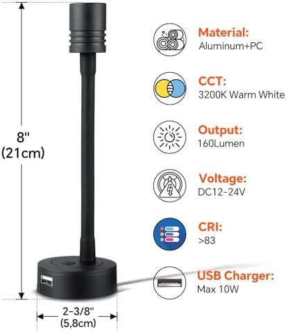 12V LED Reading Light – Dimmable Gooseneck Lamp with USB Port