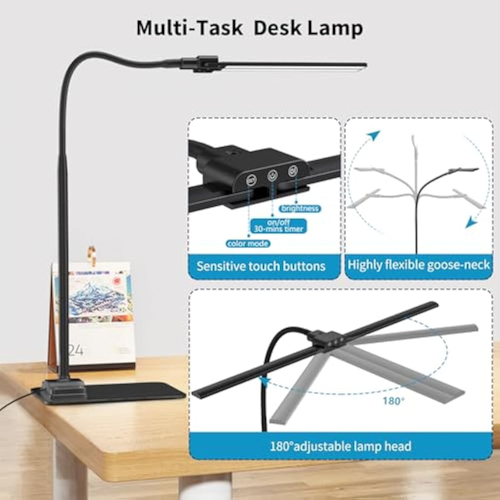 KableRika Double Head LED Desk Lamp | Dimmable Eye-Caring Task Light