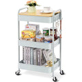 KINGRACK 3-Tier Metal Rolling Storage Trolley with Wooden Worktop