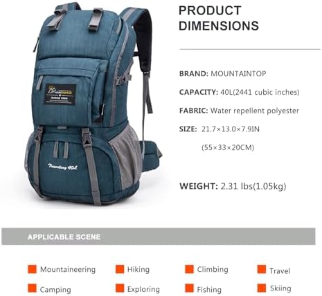 MOUNTAINTOP 40L Hiking Backpack | Water Resistant Trekking Rucksack