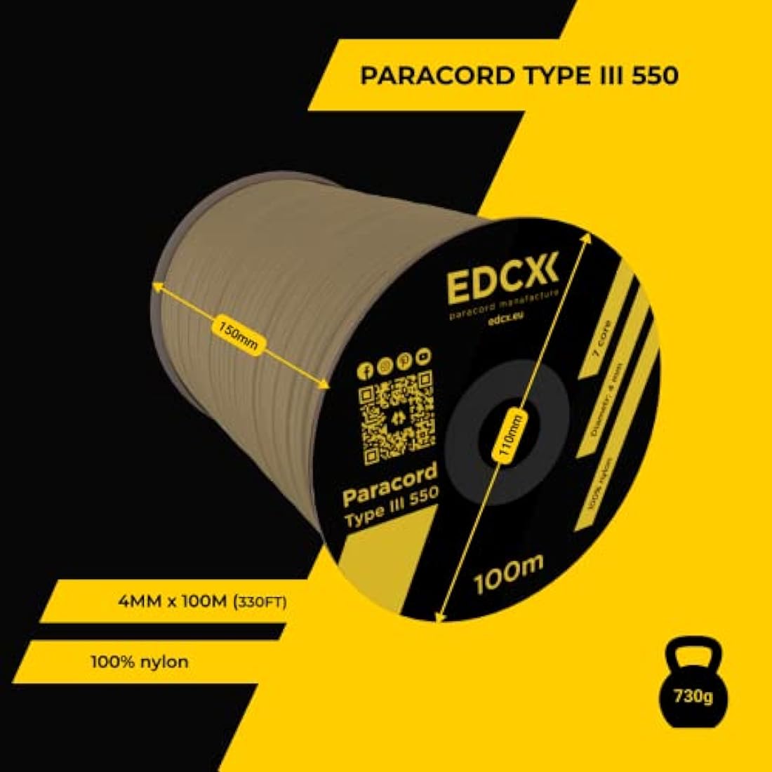 EDCX 550 Paracord – 4mm 7-Strand Nylon Rope for Camping and DIY