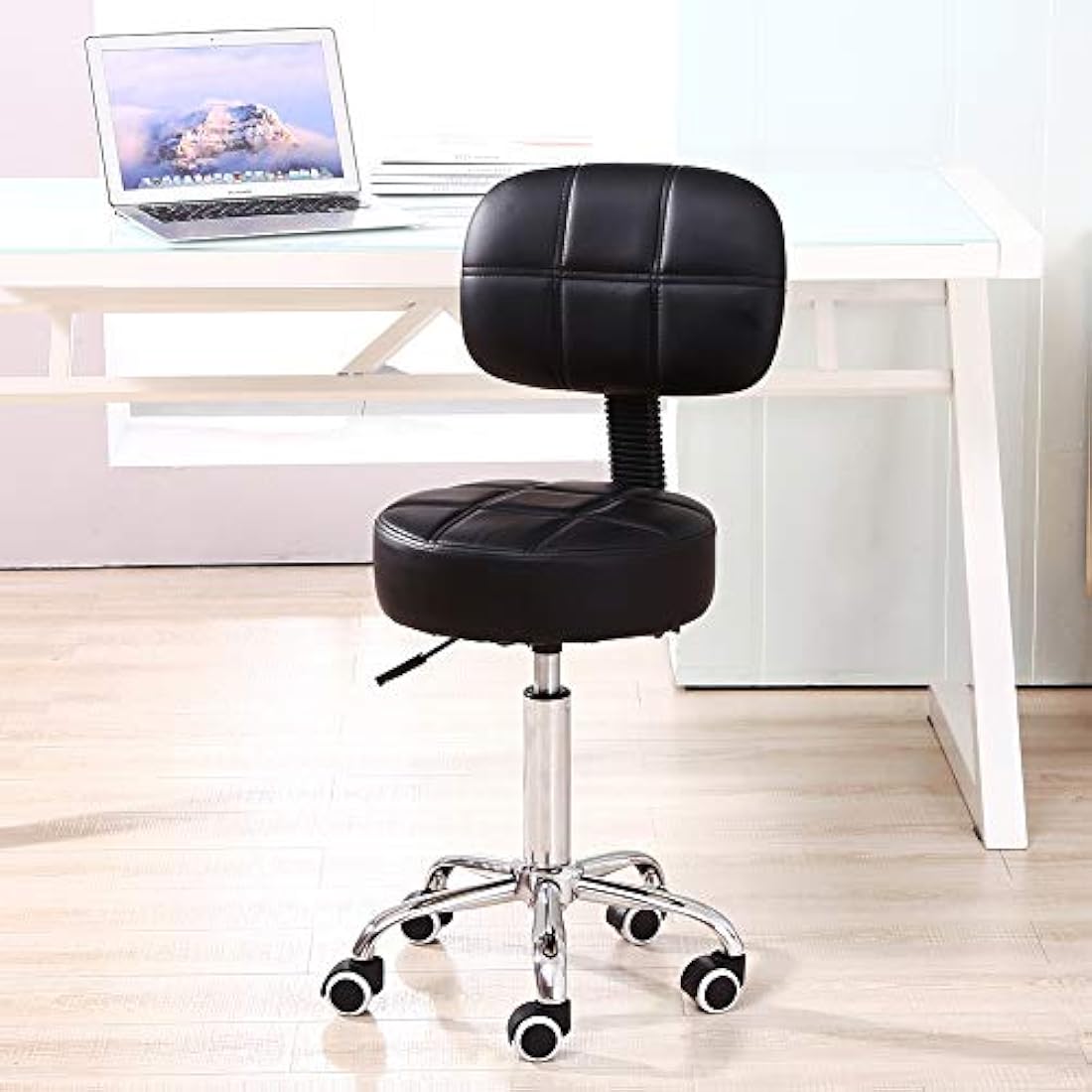 KKTONER Round Rolling Stool with Back - Adjustable PU Leather Salon Chair