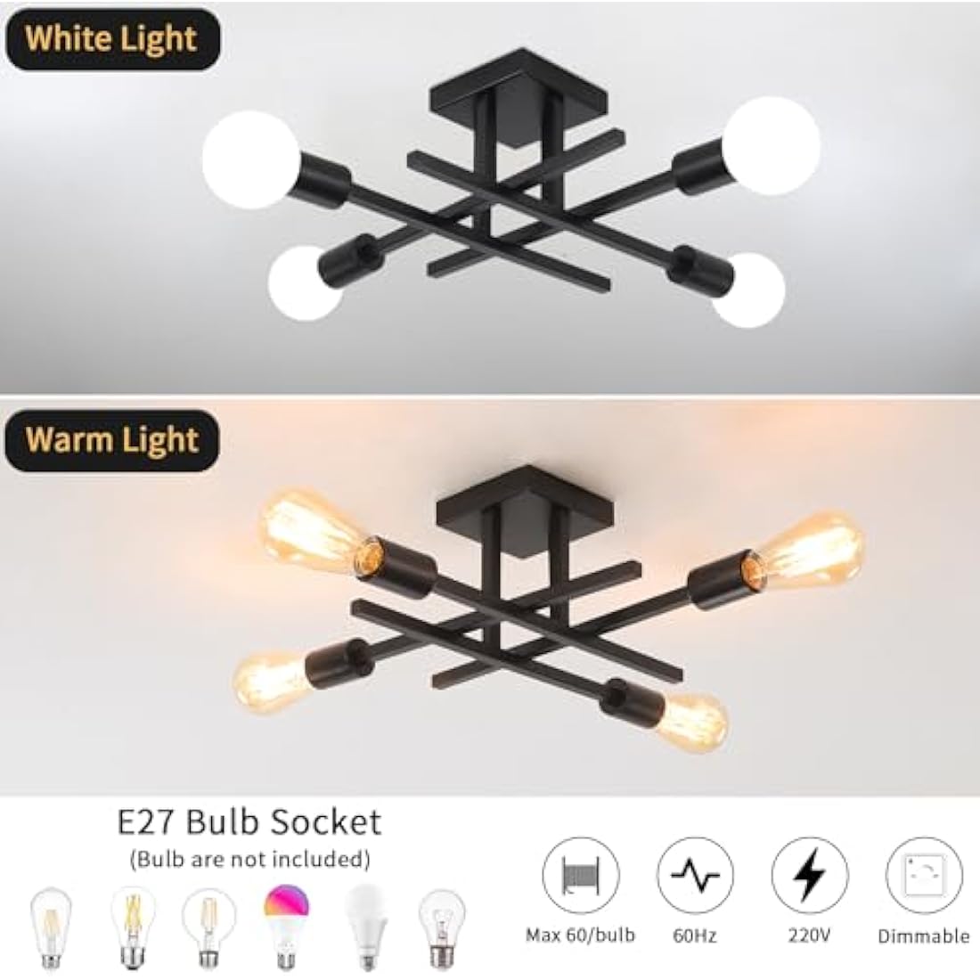 QAREHL Sputnik Chandelier | 4-Light Black Modern Flush Mount Ceiling Light
