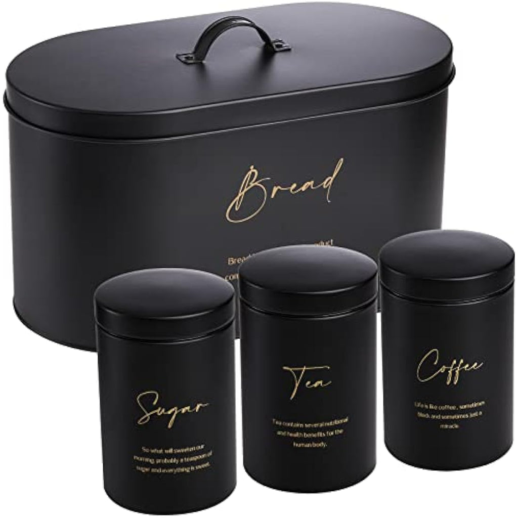 Hacaroa 4-Piece Metal Bread Box and Canister Set – Black & Gold Kitchen Storage