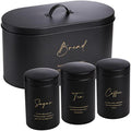 Hacaroa 4-Piece Metal Bread Box and Canister Set – Black & Gold Kitchen Storage