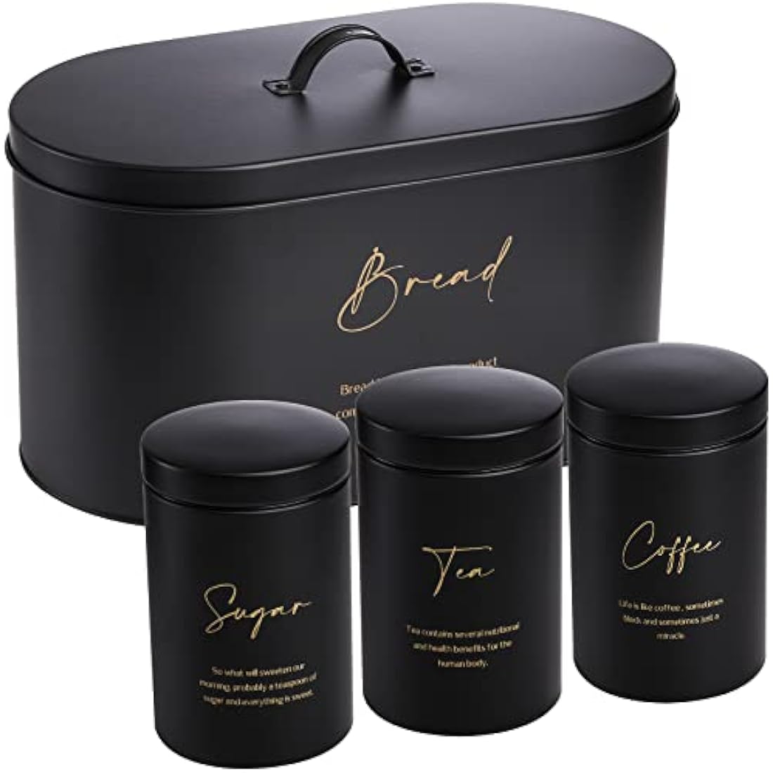 Hacaroa 4-Piece Metal Bread Box and Canister Set – Black & Gold Kitchen Storage