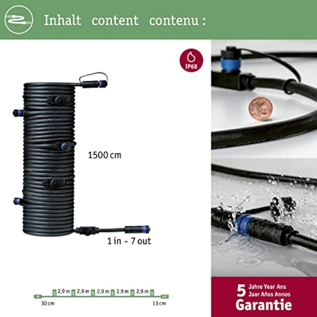 Paulmann Plug & Shine Outdoor Cable – 15m IP68 Waterproof 7-Port