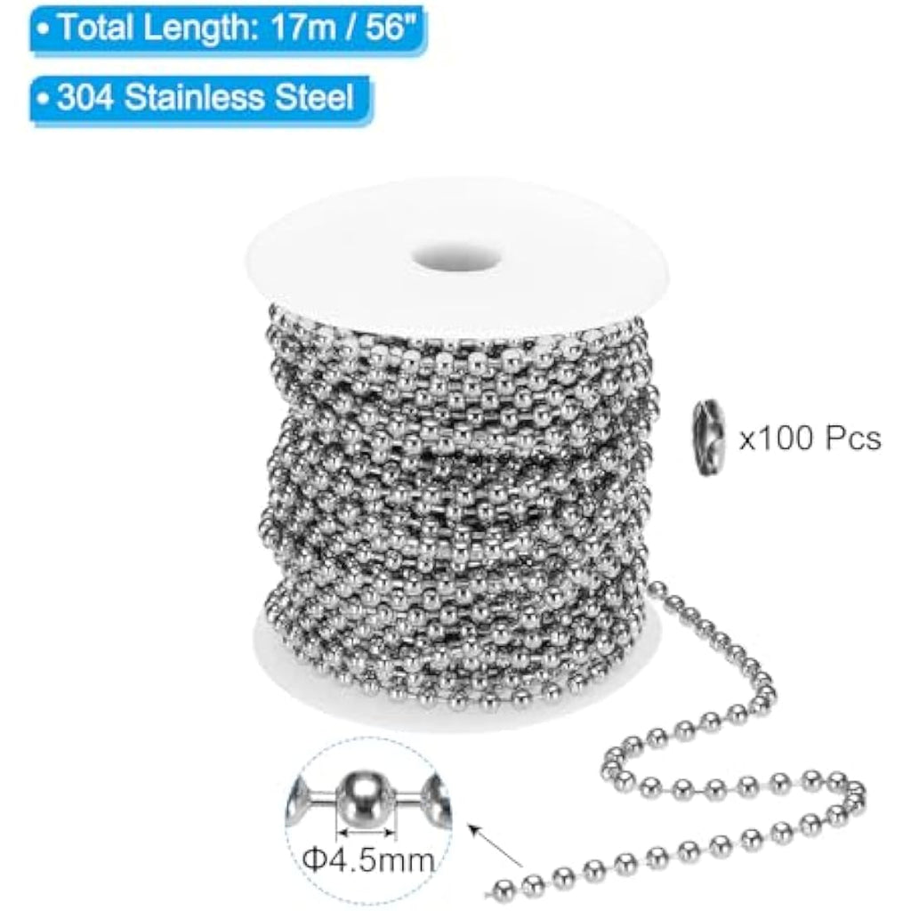 PATIKIL 4.5mm Stainless Steel Ball Chain – 56ft Beaded Chain with 100 Clasps