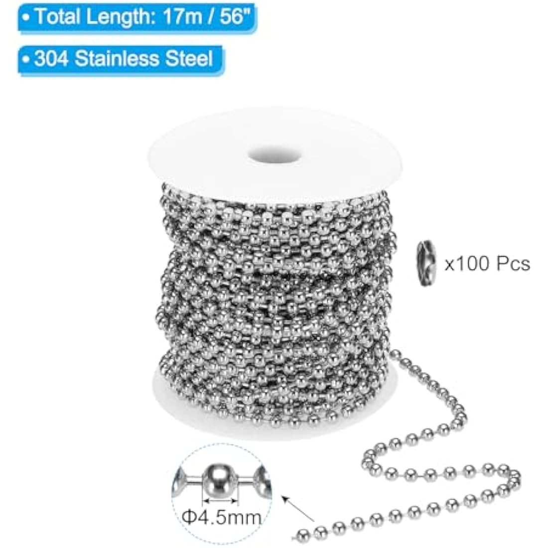 PATIKIL 4.5mm Stainless Steel Ball Chain – 56ft Beaded Chain with 100 Clasps