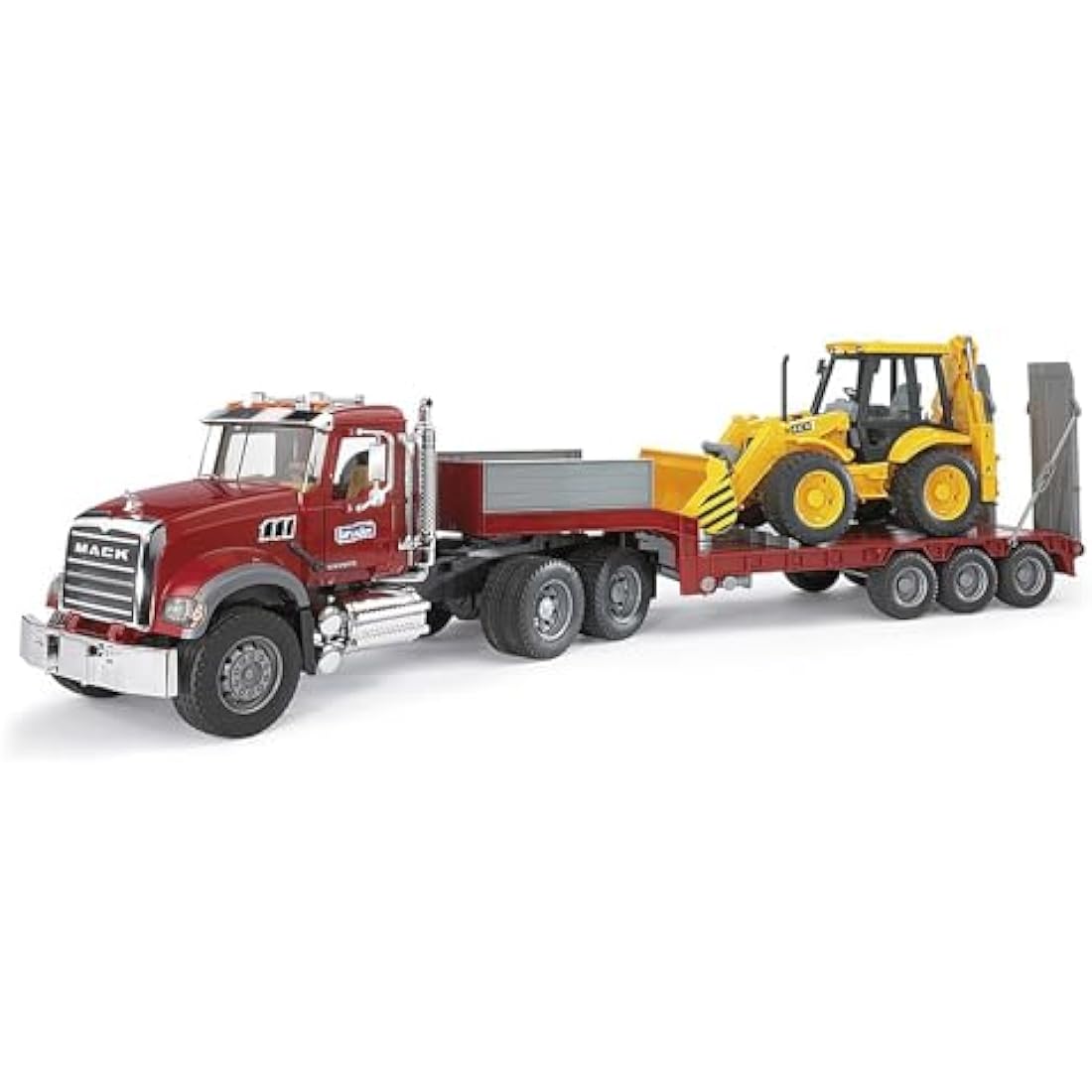 MACK Granite Truck Low Loader with JCB 4CX Backhoe Loader Toy Set