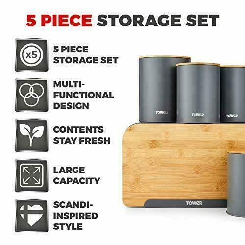 Tower Scandi 5 Piece Kitchen Storage Set with Bamboo Lids – Grey