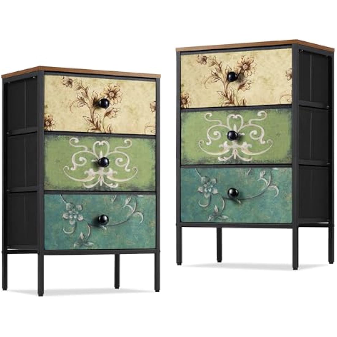 LYNCOHOME Bedside Tables Set of 2 - Vintage 3-Drawer Fabric Nightstand