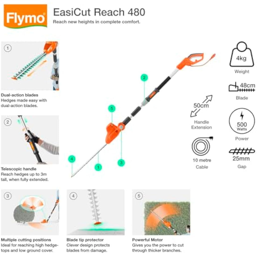 Flymo EasiCut Reach 480 Electric Hedge Trimmer – 500W Telescopic