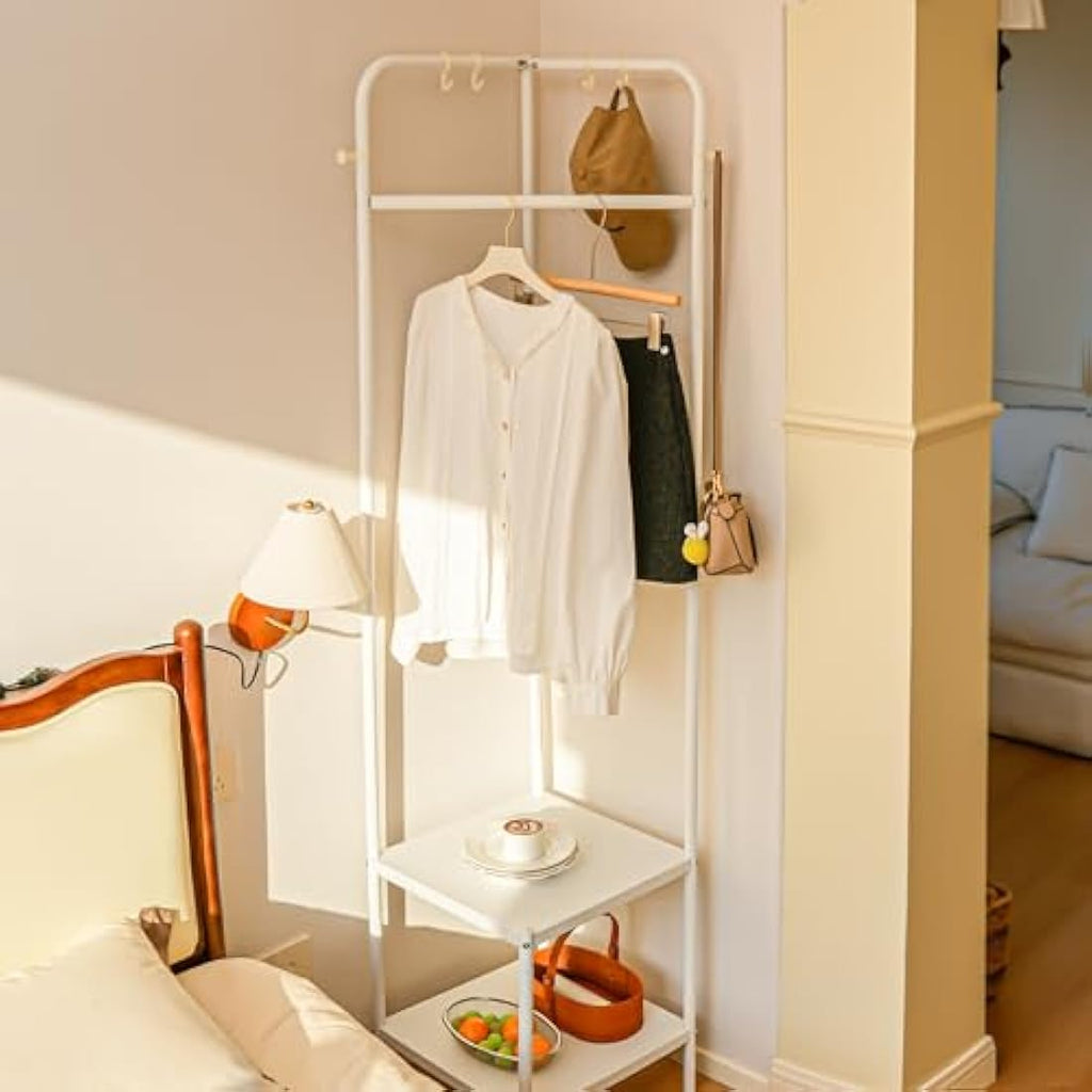 Metal Corner Coat Rack | Small Space Shoe Stand - White