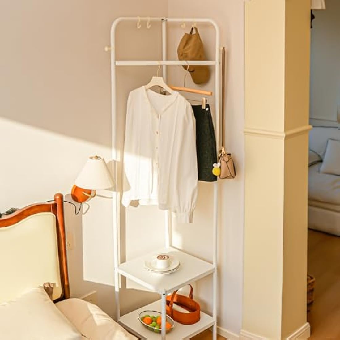 Metal Corner Coat Rack | Small Space Shoe Stand - White