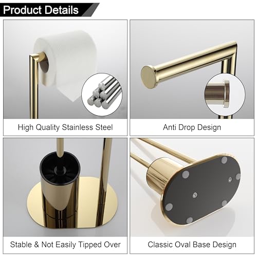 BVL Gold Toilet Roll Holder | Stainless Steel Standing Brush Set