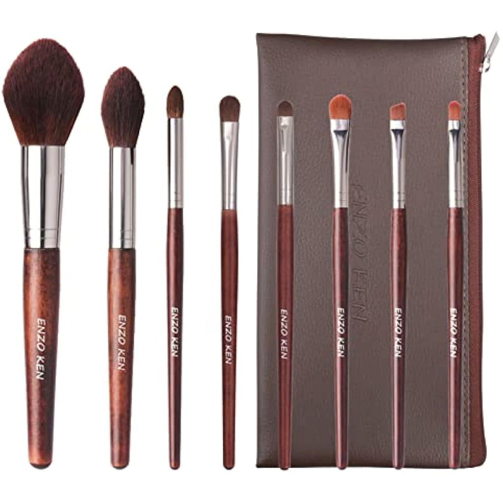 ENZO KEN Natural Horse Hair Makeup Brush Set with Walnut Handle & Case